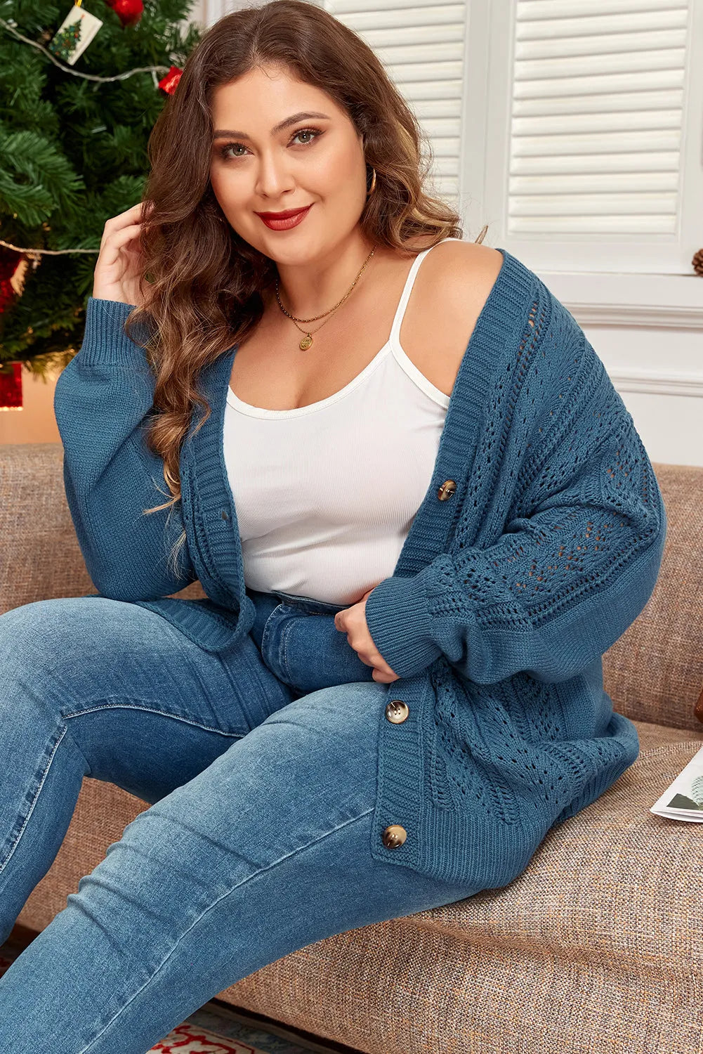 Real Teal Open Knit V Neck Button Front Drop Shoulder Plus Size Cardigan - Chic Meadow Boutique 