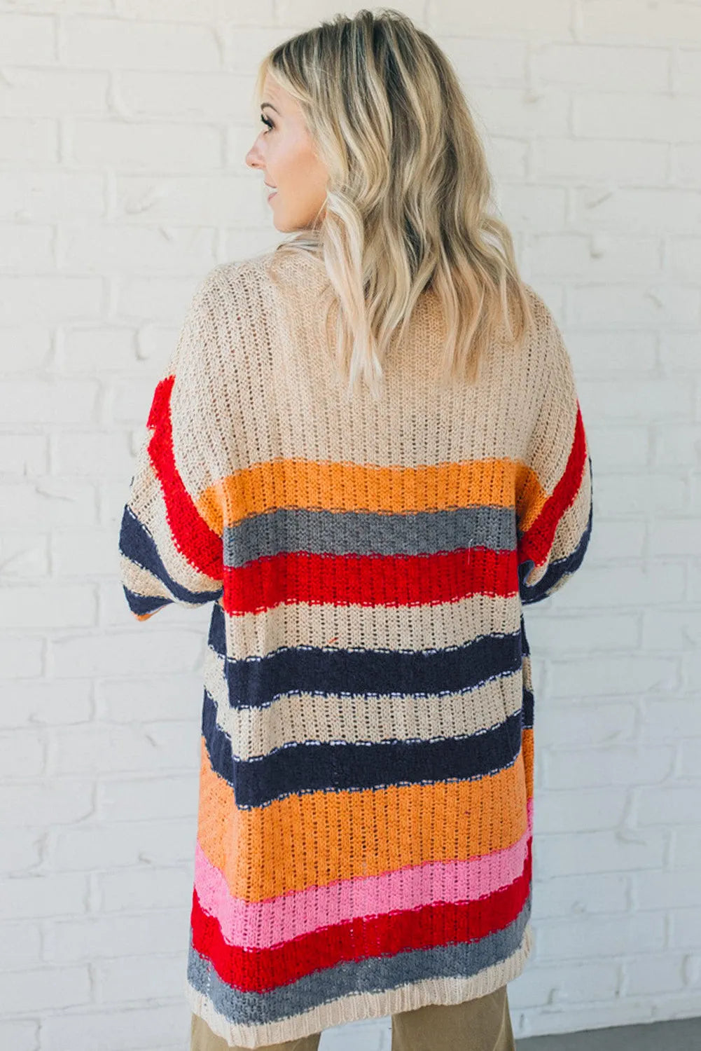 Stripes Knitted Balloon Sleeve Open Cardigan - Chic Meadow Boutique 