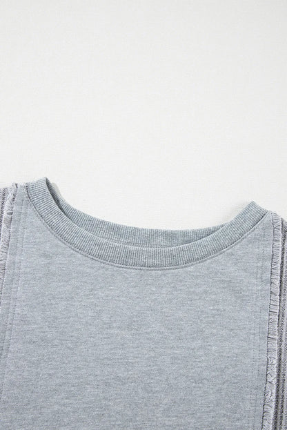 Light Grey Waffle Patchwork Long Sleeve Raw Hem Pullover Top - Chic Meadow Boutique 