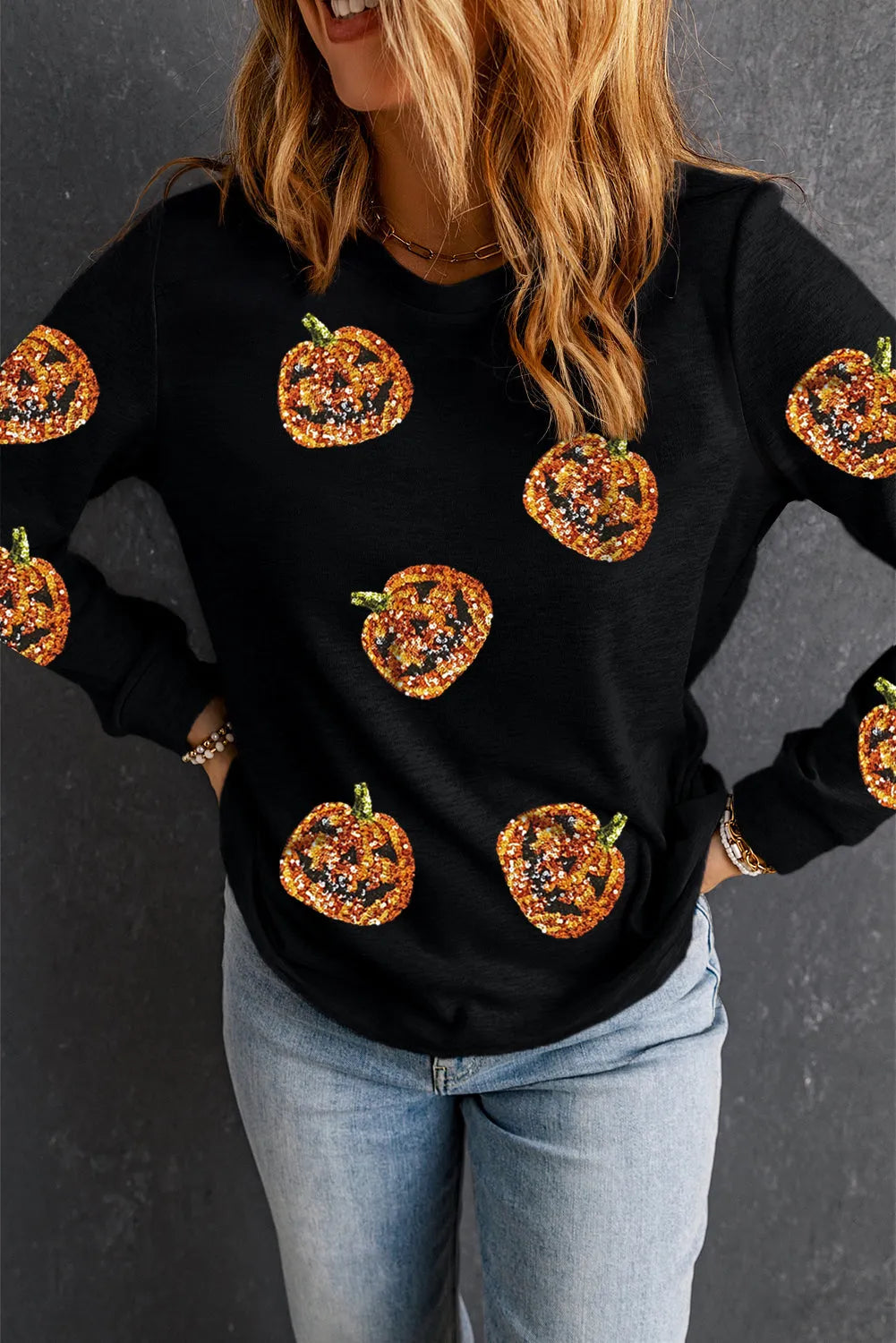 Black Halloween Sequin Pumpkin Face Pullover Long Sleeve Top - Chic Meadow Boutique 