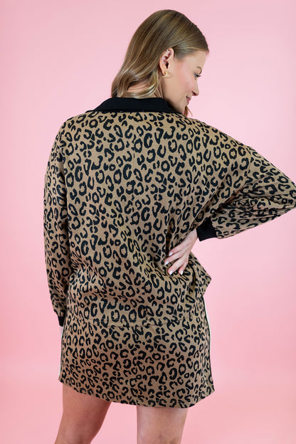 Khaki Leopard Print Quarter Zip Long Sleeve Top Mini Skirt Set