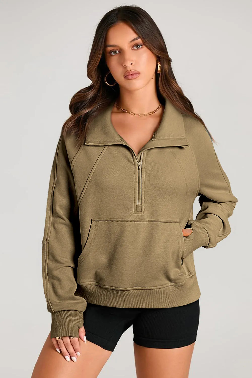 Brown Quarter Zip Stand Neck Kangaroo Pocket Sweatshirt - Chic Meadow Boutique 