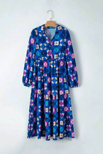 Blue Floral Peasant Sleeve Tiered Ruffle Midi Dress - Chic Meadow Boutique 