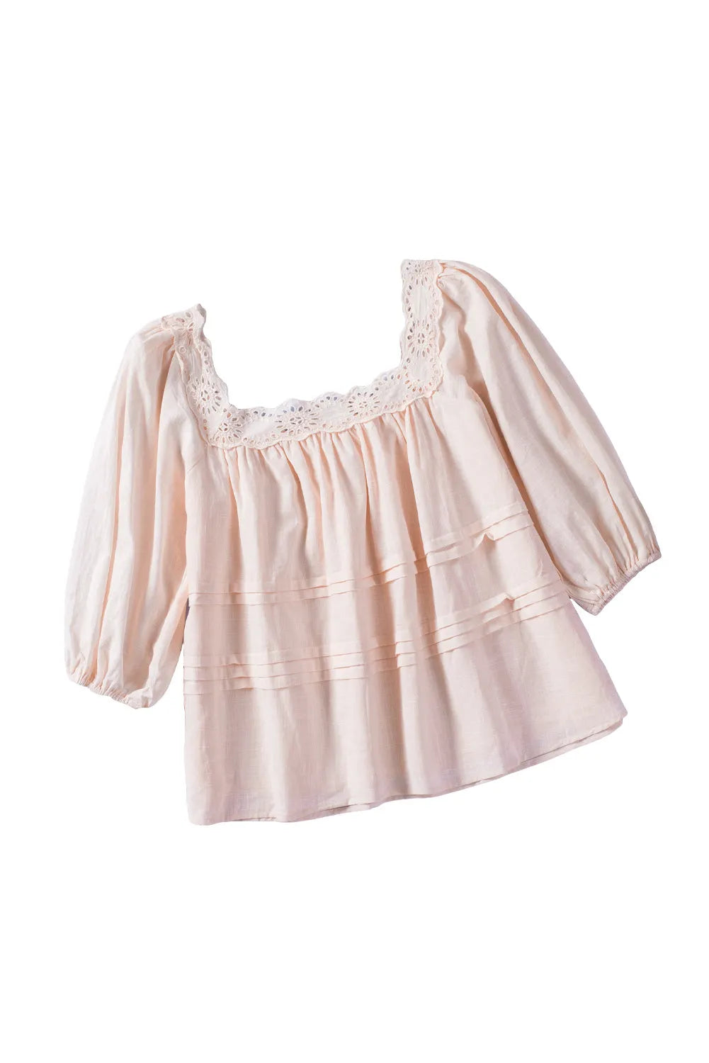 Beige Puff Sleeve Eyelet Babydoll Blouse - Chic Meadow Boutique 