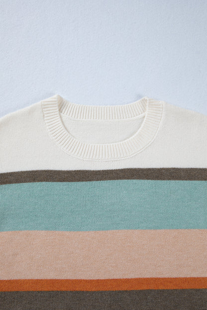 White Striped Color Block Knit Drop Shoulder Sweater