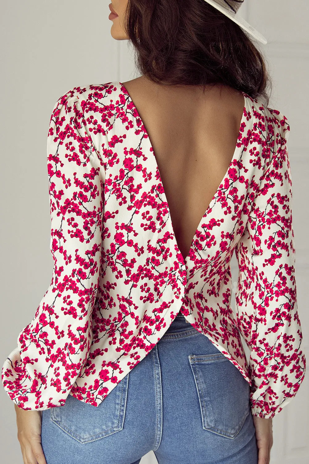 Red Floral Print Long Sleeve Open Back Blouse - Chic Meadow Boutique 