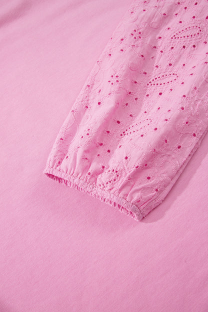 Pink Paisley Broderie Anglaise Valentine Heart Pattern Long Sleeve Patchwork Top