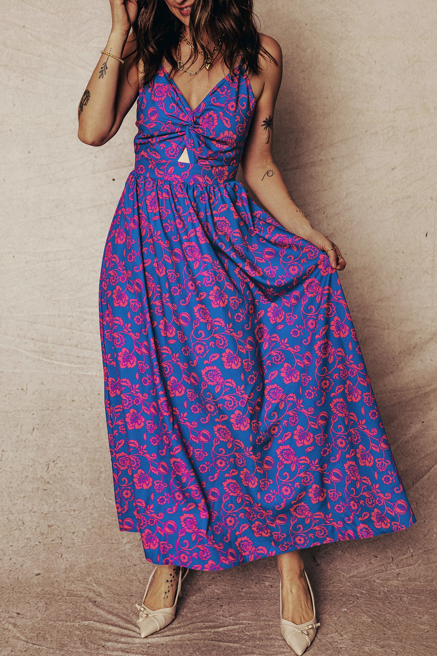 Blue Floral Print Twisted V Neck Tied Backless Maxi Dress