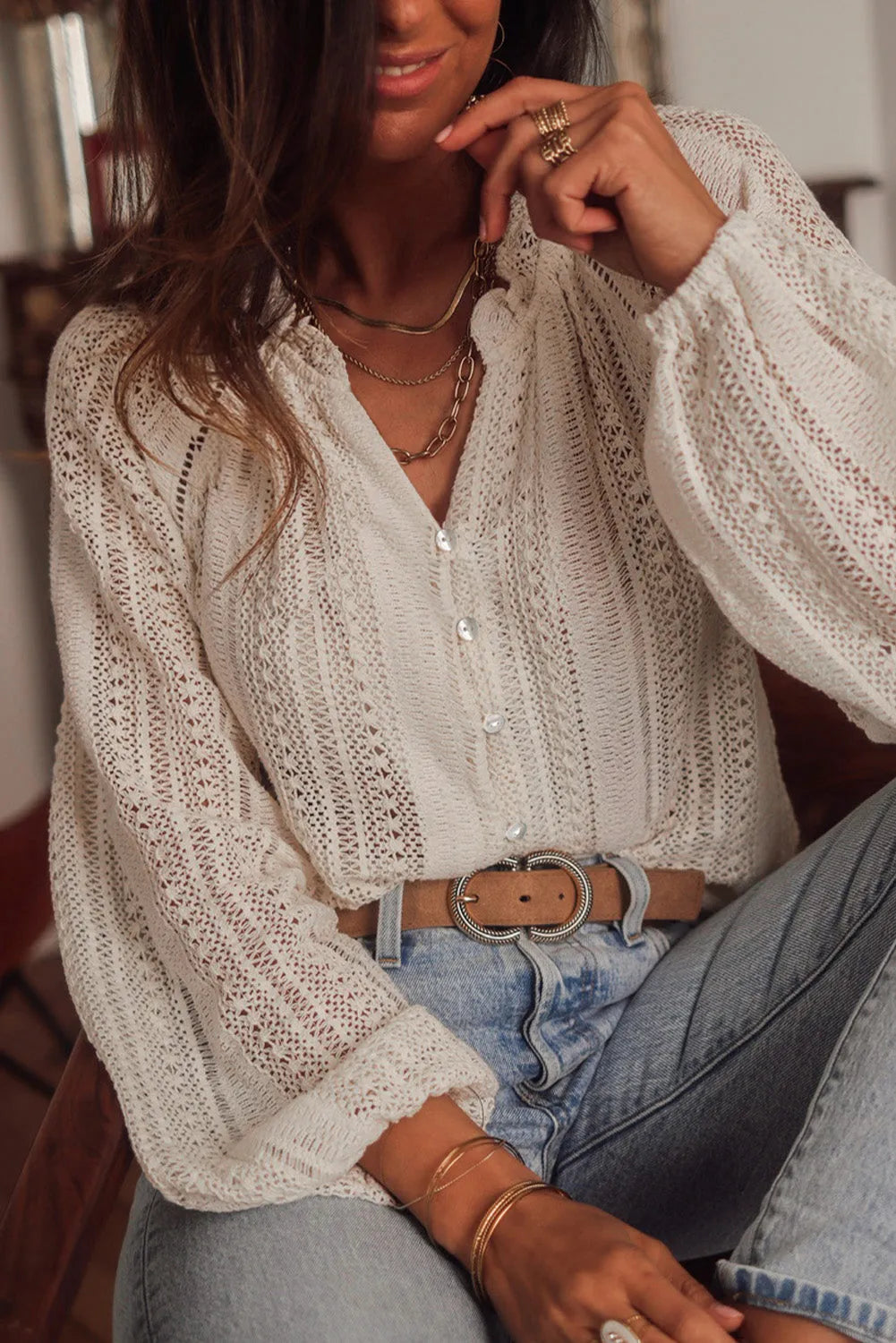 White Lace Hollow out Puff Sleeve Button up Shirt - Chic Meadow Boutique 