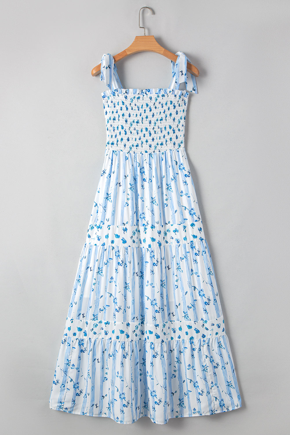 Sky Blue Floral Smocked Tied Straps A-Lined Tiered Maxi Dress