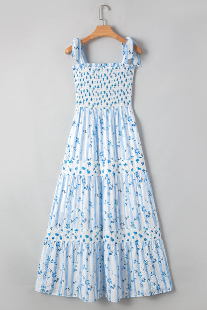 Sky Blue Floral Smocked Tied Straps A-Lined Tiered Maxi Dress
