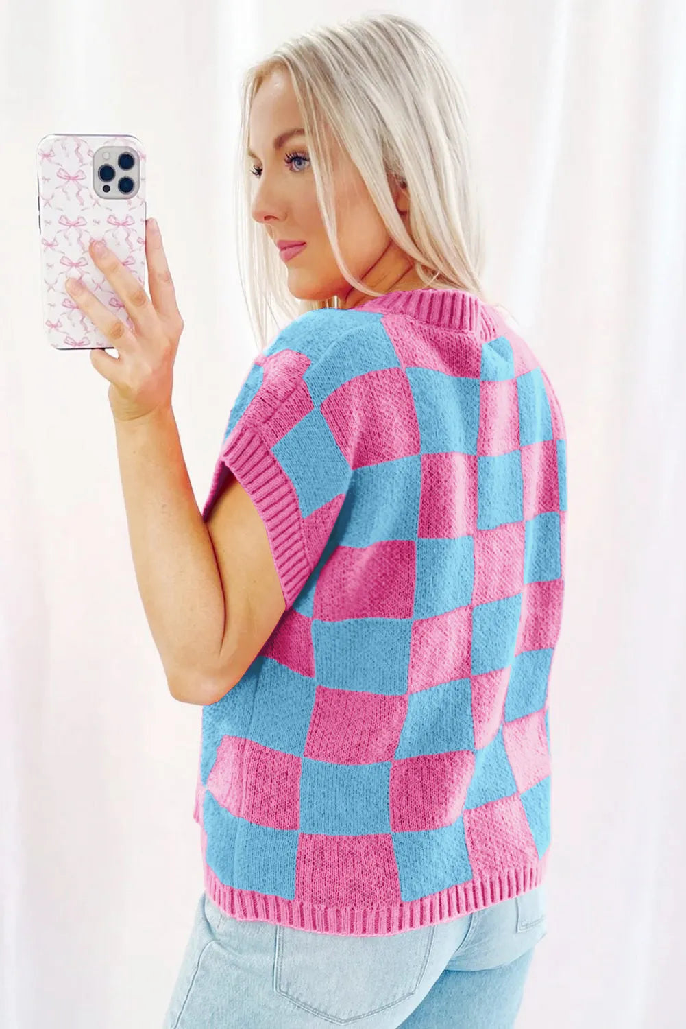 Sachet Pink Colorblock Plaid Pattern Ribbed Trim Sweater Tank Top - Chic Meadow Boutique 