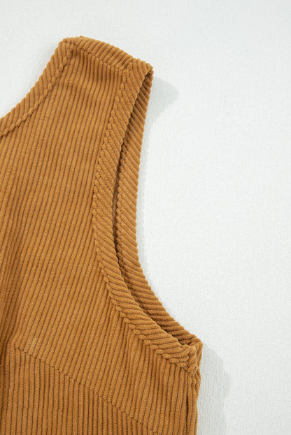 Beige Corduroy Sleeveless Mini Dress With Patched Pockets