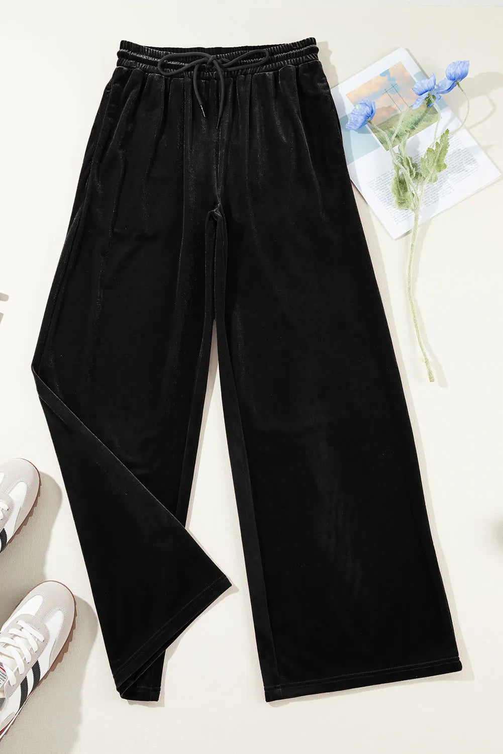 Black Solid Drawstring Waist Wide Leg Pants - Chic Meadow Boutique 