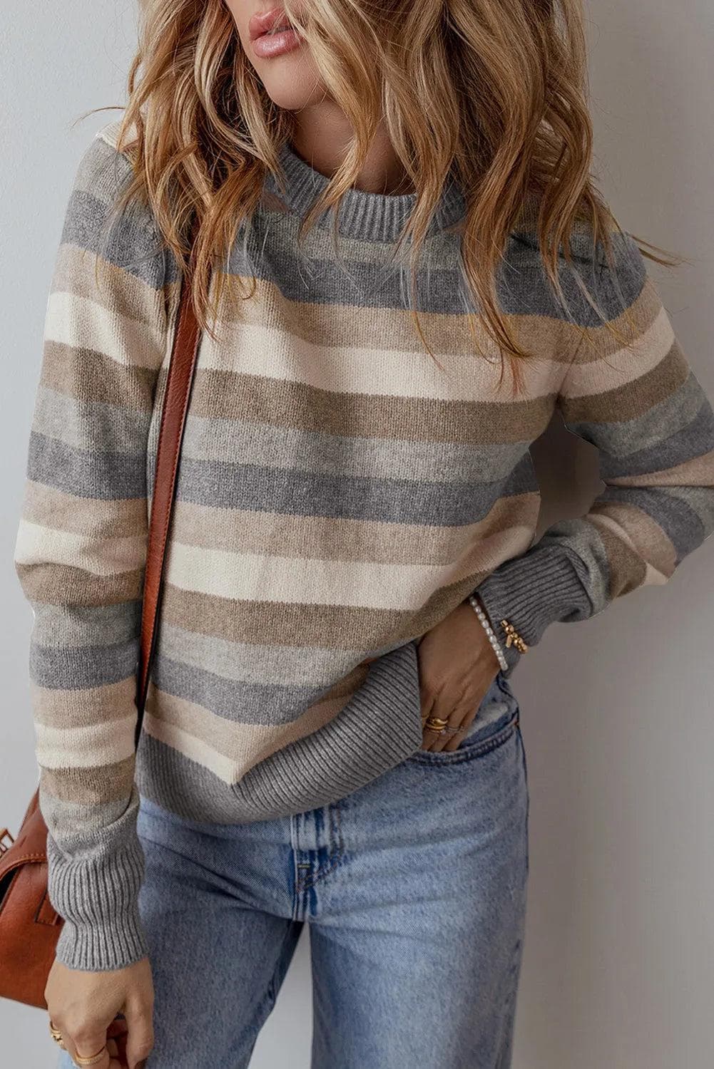 Sweaters & Cardigans/Sweaters Gray Stripe Color Block Ribbed Edge Round Neck Sweater