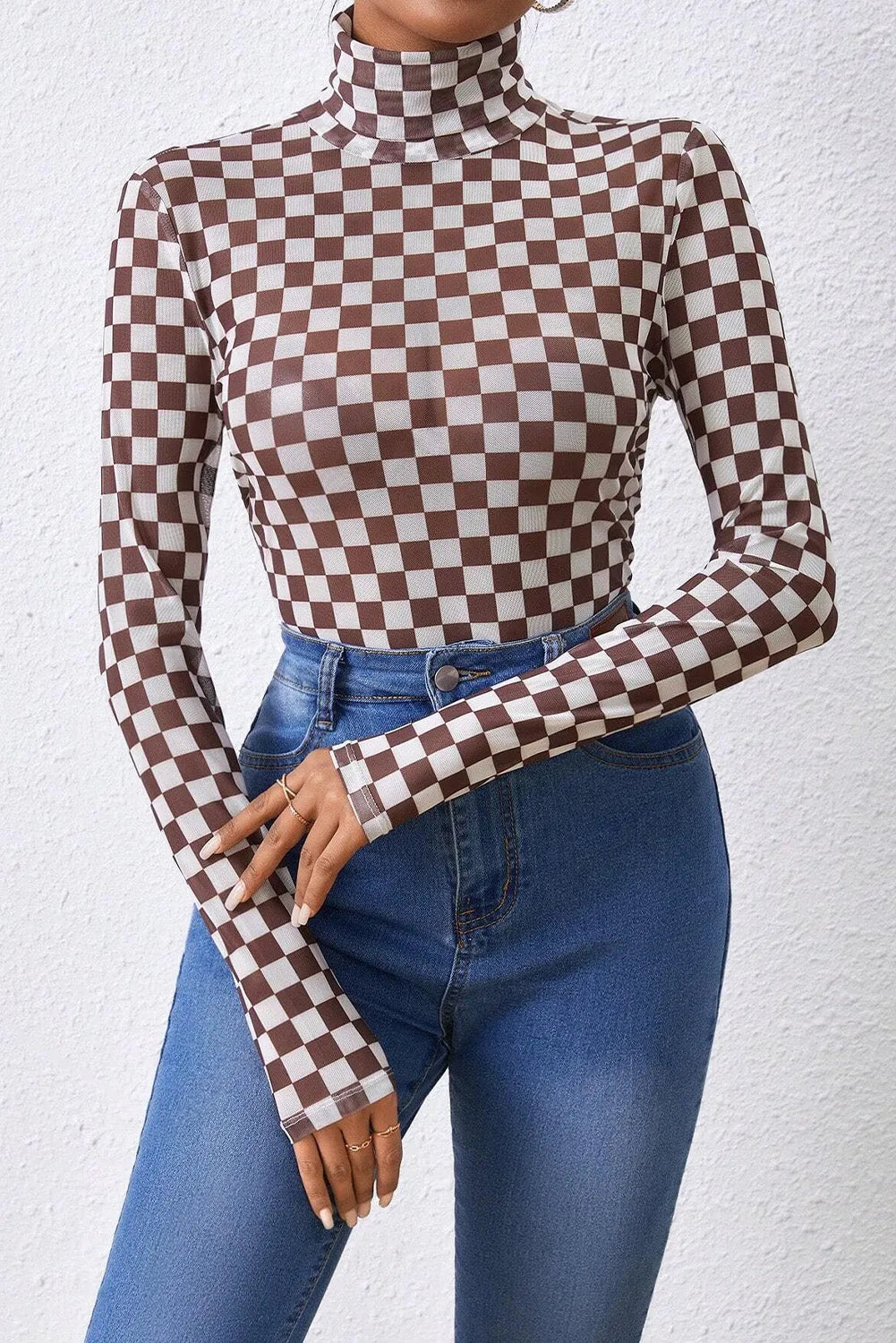 Brown Checkered Printed Long Sleeve High Neck Bodysuit - Chic Meadow Boutique 