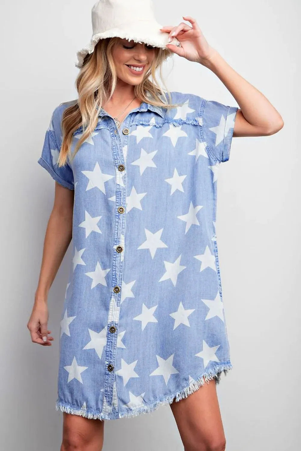 Sky Blue Stars Frayed Hem Collared Short Sleeve Denim Dress - Chic Meadow Boutique 