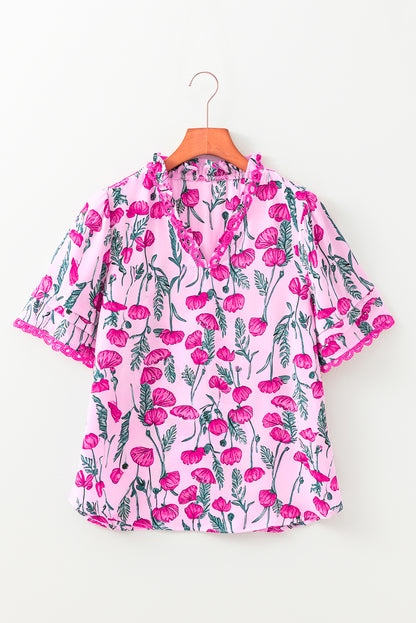 Pink Floral Lace Detail Frilled V Neck Summer Blouse