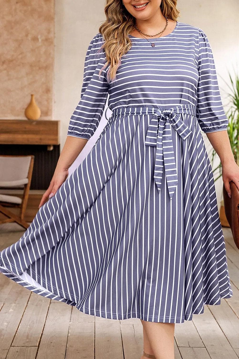 Plus Size/Plus Size Dresses/Plus Size Midi Dresses Gray Striped Tie Waist 3/4 Sleeve Plus Size Dress