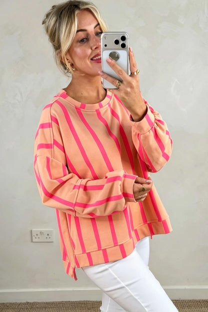 Pink Stripe Dropped Shoulder Round Neck Casual Sweatshirt
