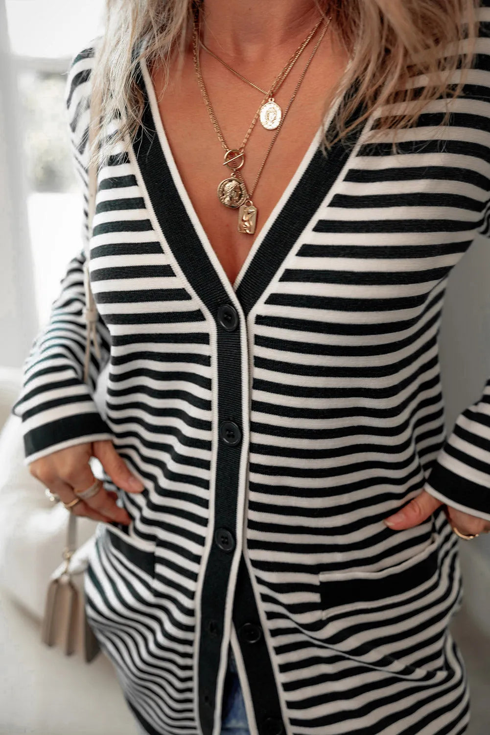 Black Stripe Long Sleeve Button up Tunic Cardigan - Chic Meadow Boutique 