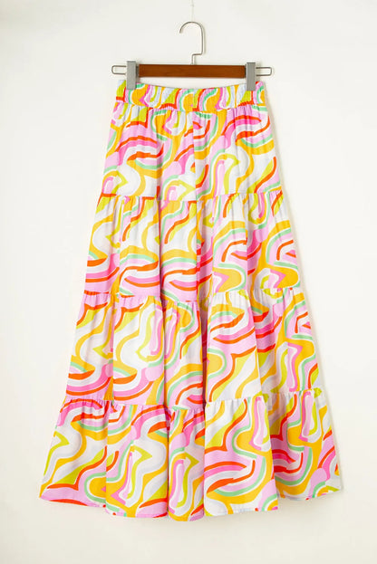 Pink Abstract Print Tiered Flowy Maxi Skirt - Chic Meadow Boutique 