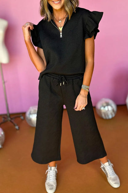 Black Textured Flutter Sleeve Top Wide Leg Pants Set - Chic Meadow Boutique 