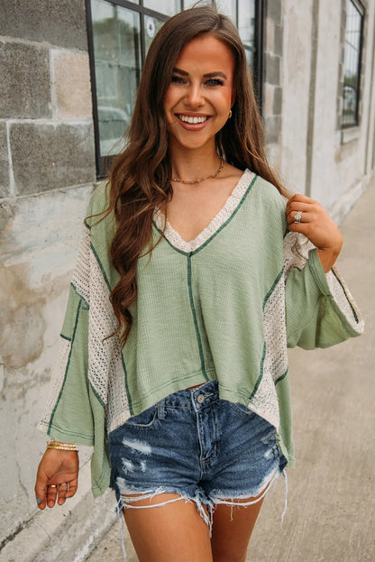 Grass Green Crochet Detail Exposed Seam High Low Loose Top - Chic Meadow Boutique 