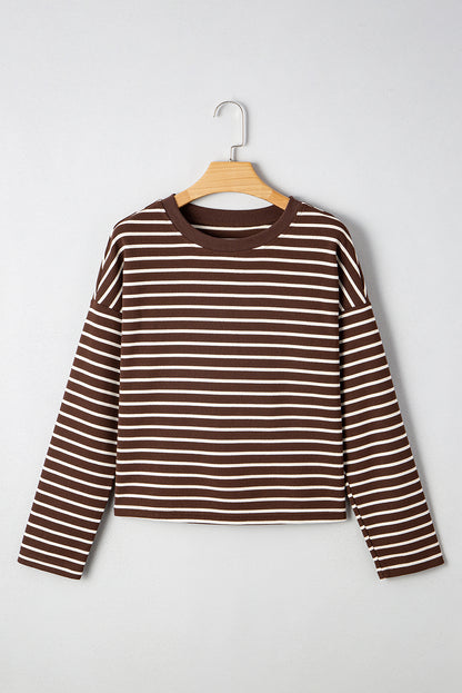 Brown Stripe Ribbed Cropped Crew Neck Long Sleeve T Shirt