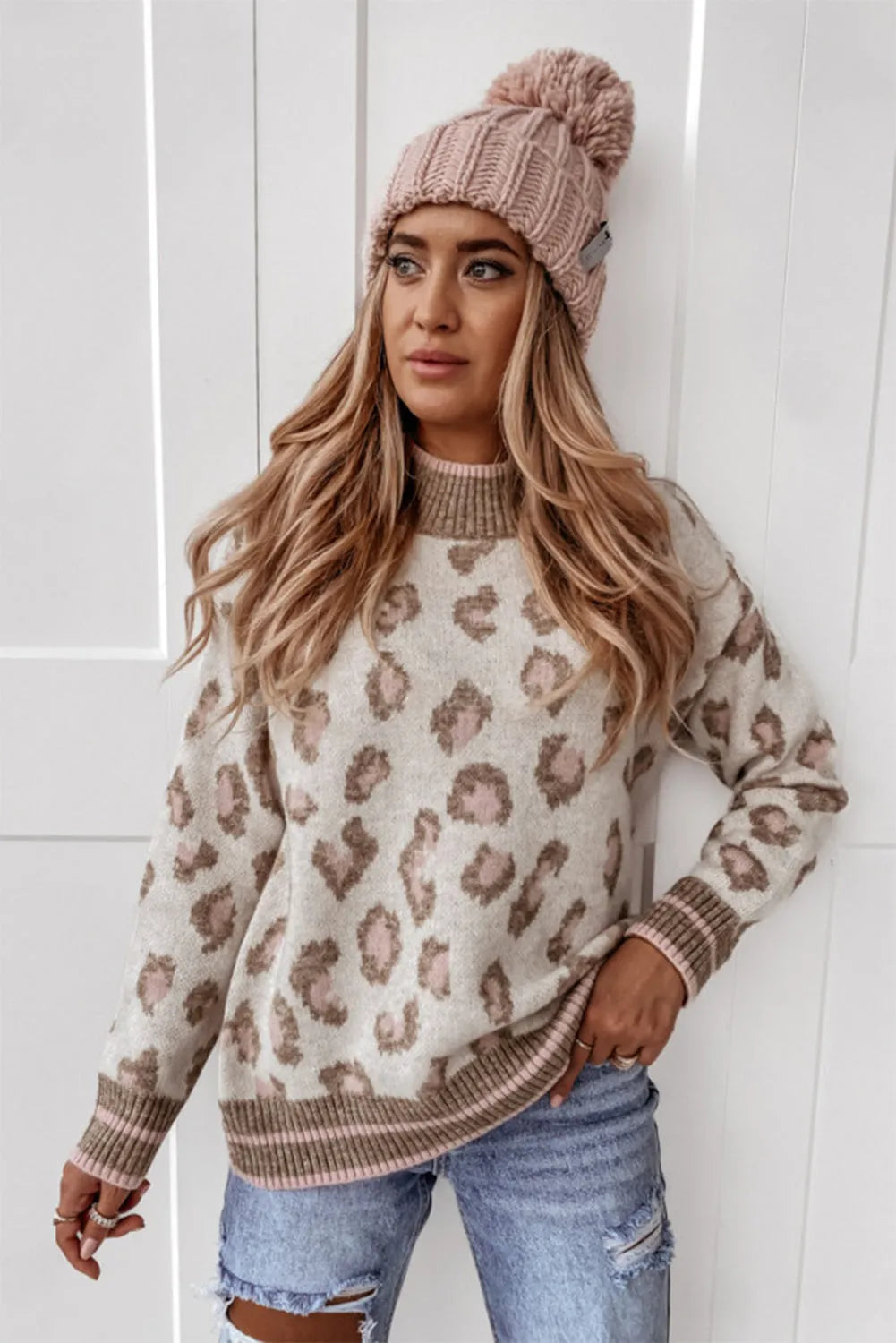 Brown Two-tone Ribbed Trim Contrast Leopard Sweater - Chic Meadow Boutique 