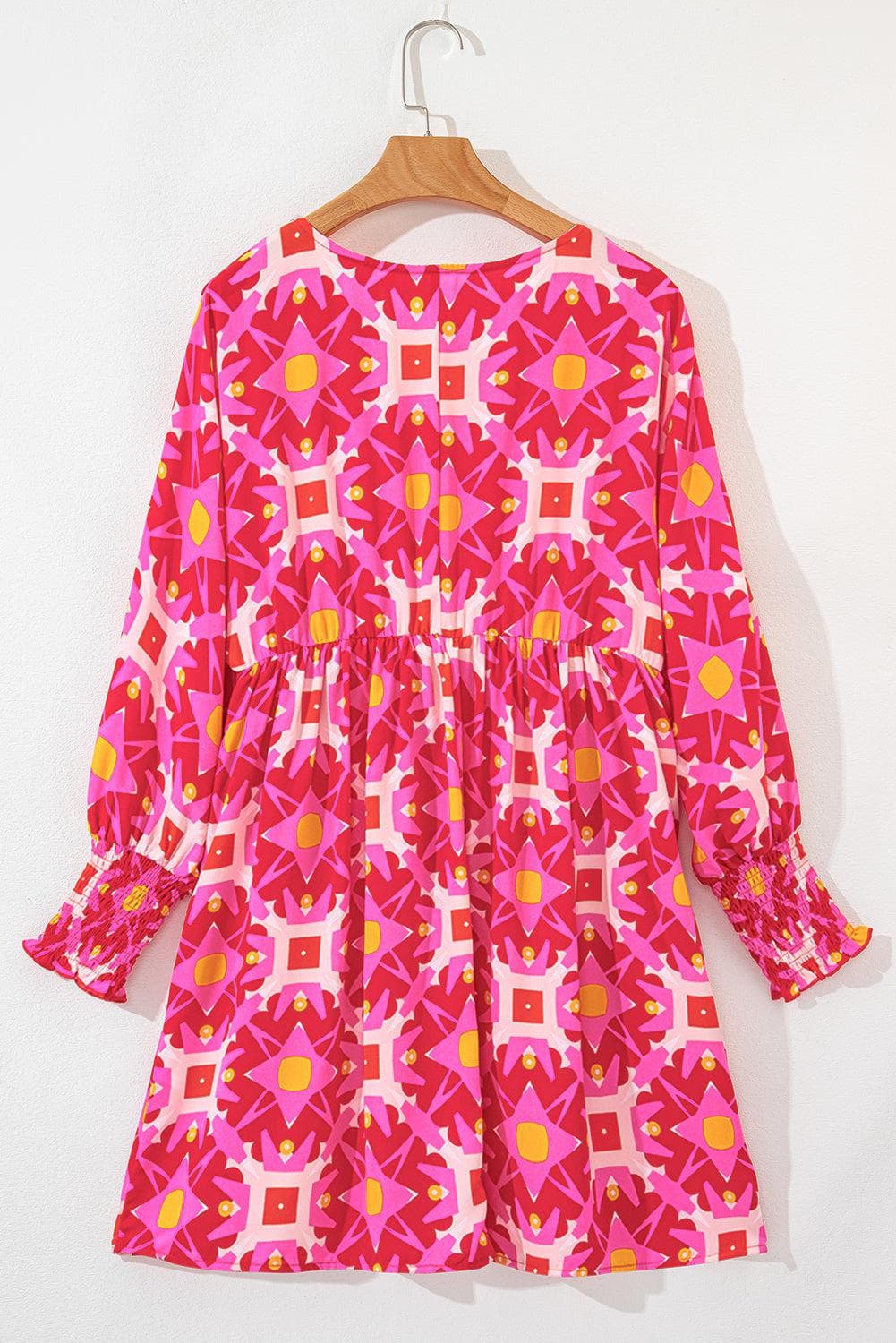 Dresses/Mini Dresses Strawberry Pink Geometric Print Smocked Long Sleeve Mini Dress