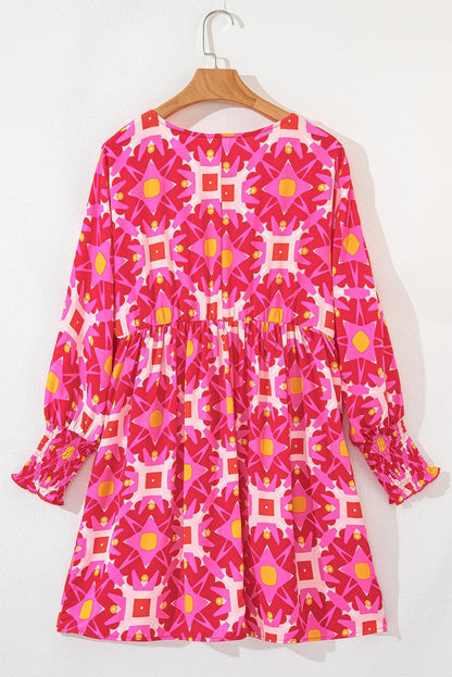 Dresses/Mini Dresses Strawberry Pink Geometric Print Smocked Long Sleeve Mini Dress