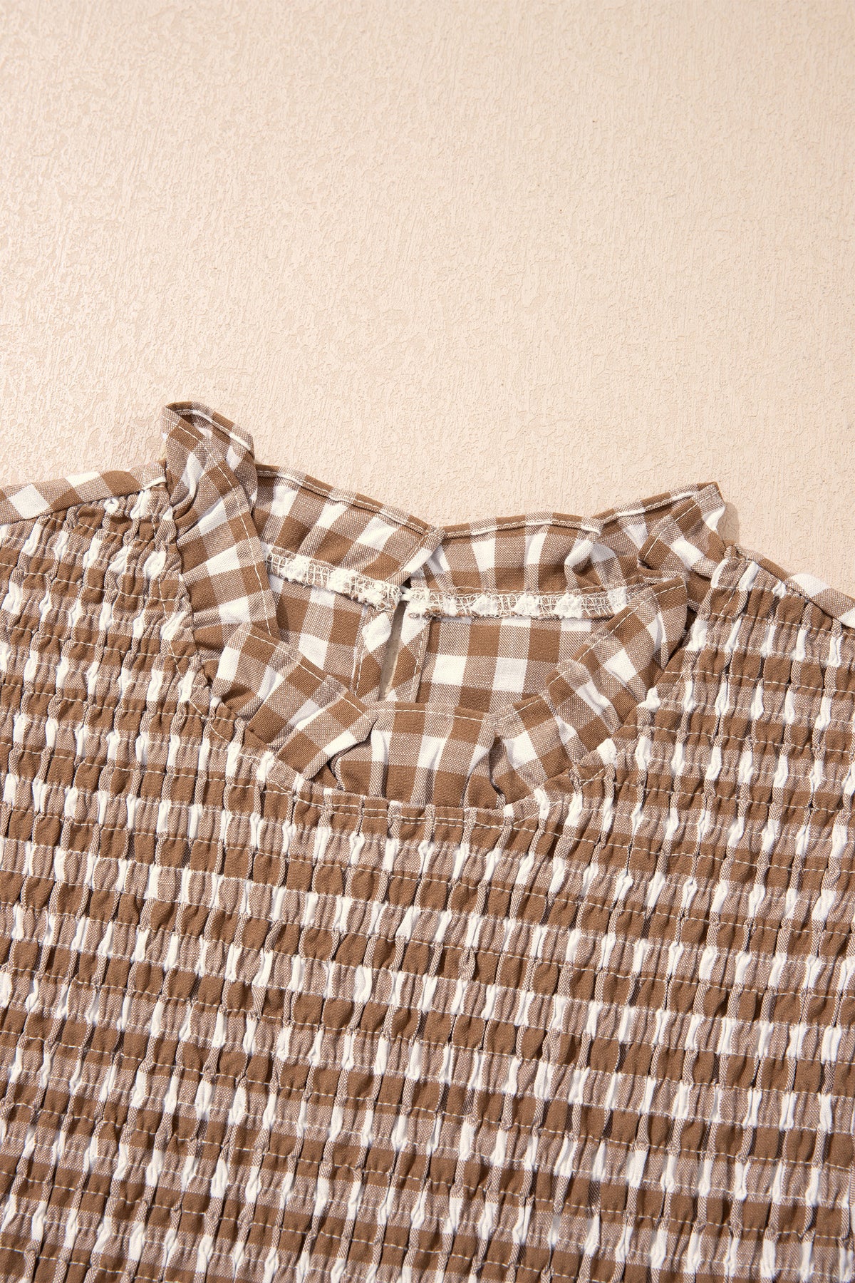Brown 3/4 Sleeve Shirred Plaid Peplum Top