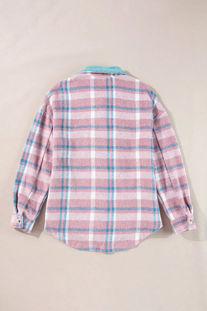 Pink Plaid Print Color Block Collared Flap Pockets Loose Shacket - Chic Meadow Boutique 