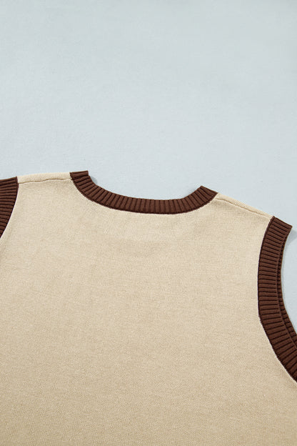 Khaki Western Print Colorblock Trim Sleeveless Knitwear Vest