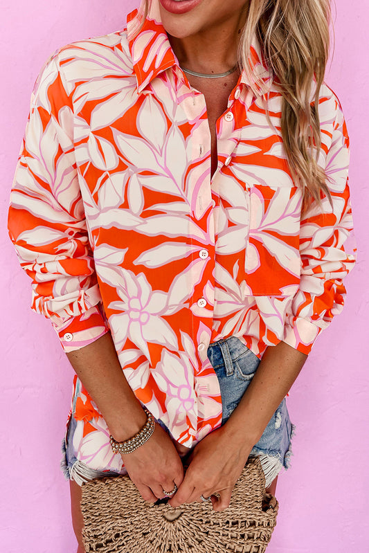 Orange Botanical Print Single Chest Pocket Button Up Shirt