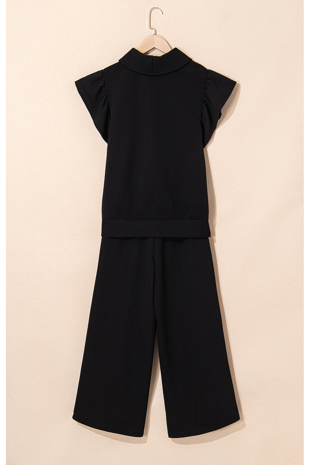 Black Textured Ruffled Sleeve Zipped Top and Wide Leg Pants Set