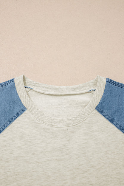 Beige Denim Color Block Patchwork Round Neck Tee