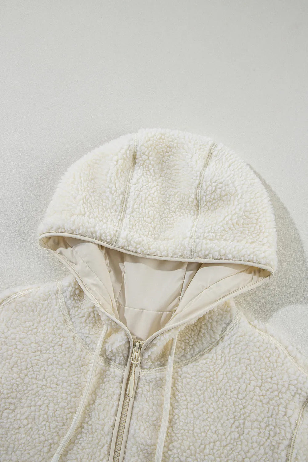 Beige Fleece Zip Up Drawstring Hooded Pocketed Jacket - Chic Meadow Boutique 