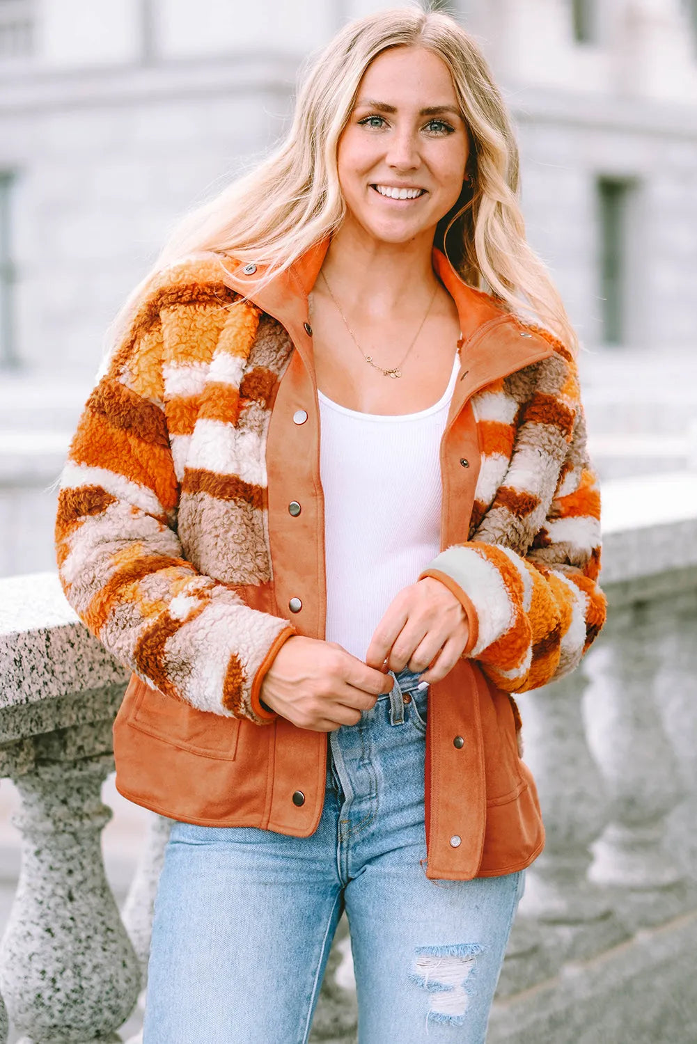 Brown Quilted Patch Pockets Aztec Furry Jacket - Chic Meadow Boutique 