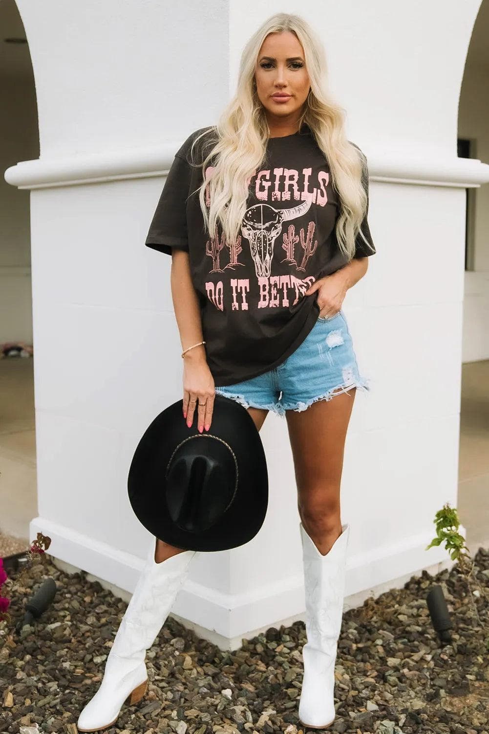 Tops/Tops & Tees Gray COWGIRLS DO IT BETTER Graphic Print Oversized T Shirt