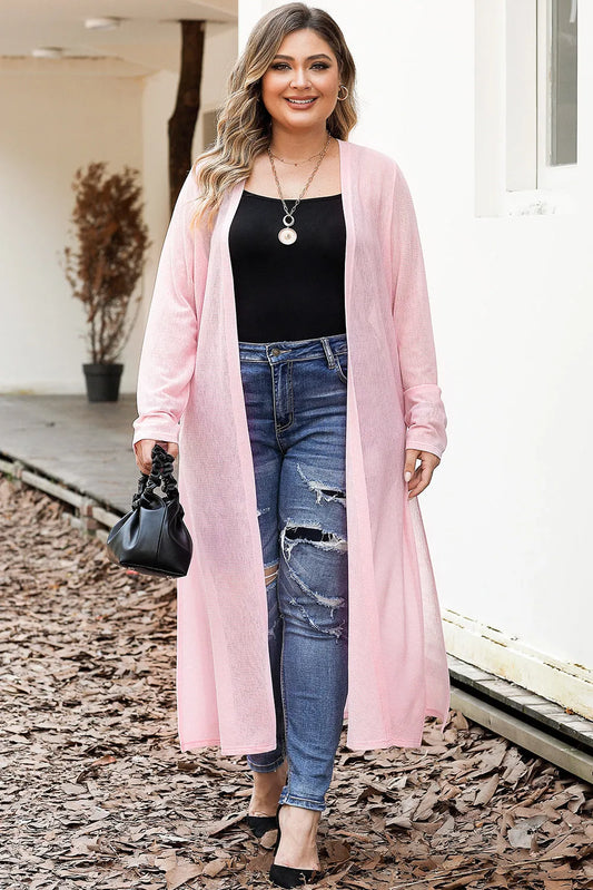 Pink Sheer Knitted Long Side Slit Plus Size Cardigan - Chic Meadow Boutique 