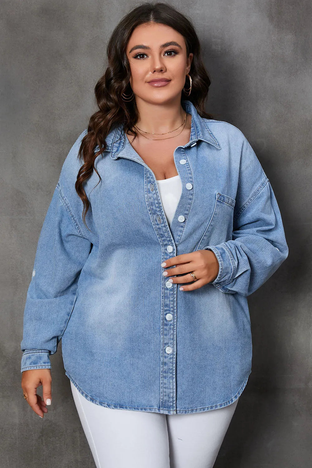 Sky Blue Plus Size Chest Pocket Button-Up Denim Shacket - Chic Meadow Boutique 