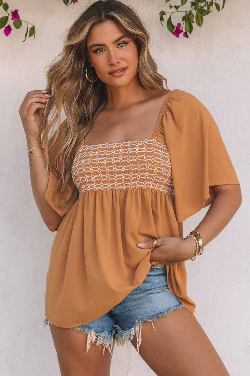 Brown Square Neck Wide Sleeves Flowy Top - Chic Meadow Boutique 