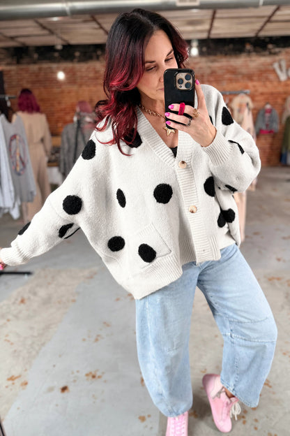 Beige Polka Dot Button Front Oversized V Neck Cardigan