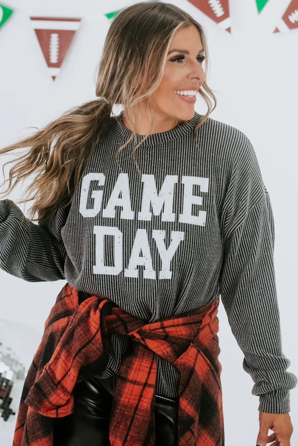 Dark Grey Corded GAME DAY Graphic Long Sleeve Crewneck Top - Chic Meadow Boutique 