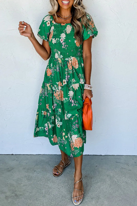 Green Floral Print Bubble Sleeve Smocked Tiered Midi Dress - Chic Meadow Boutique 