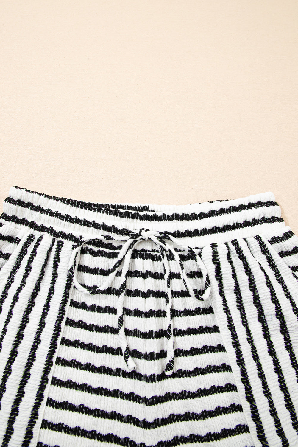 Black Stripe Knitted Short Sleeve Top and Drawstring Shorts Set