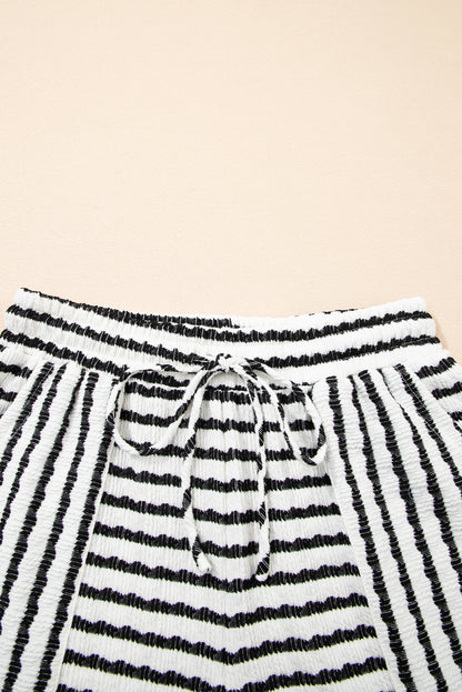 Black Stripe Knitted Short Sleeve Top and Drawstring Shorts Set