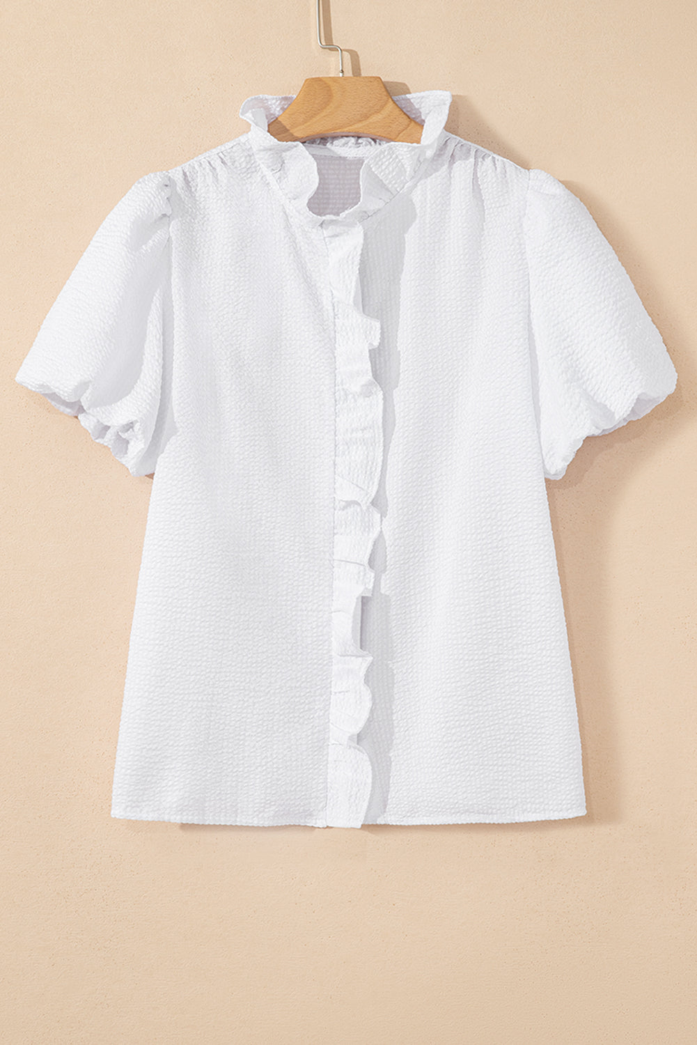 White Striped Ruffle Short Bubble Sleeve Shirt